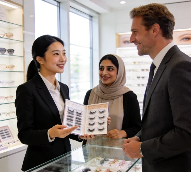 Discussing eyelash samples for an overseas order