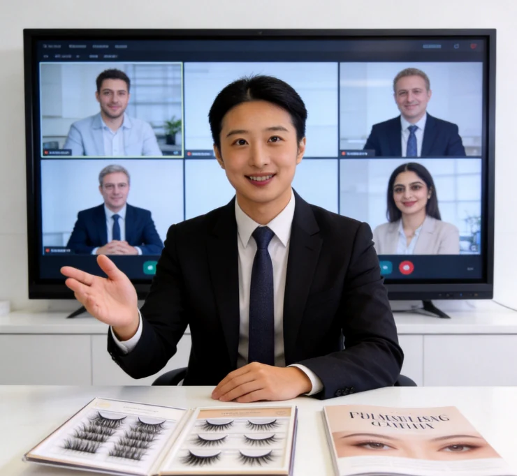 Online meeting reviewing eyelash samples
