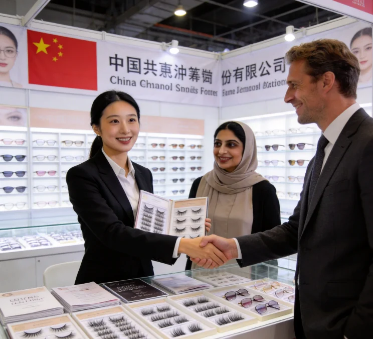 Discussing eyelash products with buyers at a trade event